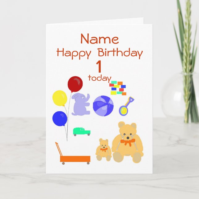 Tarjeta de cumpleaños feliz de 1 año, Juguetes, Pe (Anverso)