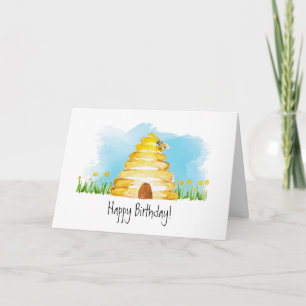Tarjeta de cumpleaños feliz de abeja de acuarela