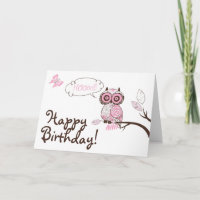 Tarjeta de cumpleaños feliz de búho rosa y maripos
