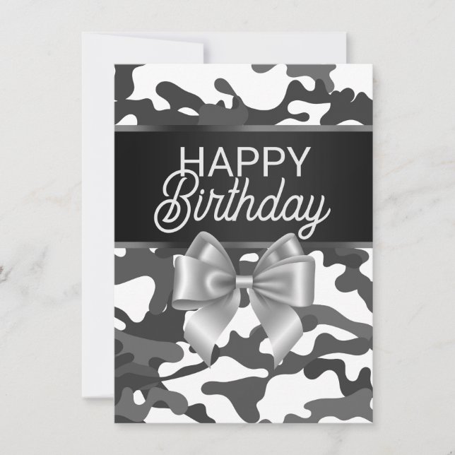 Tarjeta de cumpleaños feliz de camo blanco y vaca (Anverso)