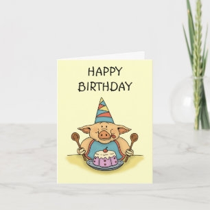 tarjeta de cumpleaños feliz de cerdo hambriento
