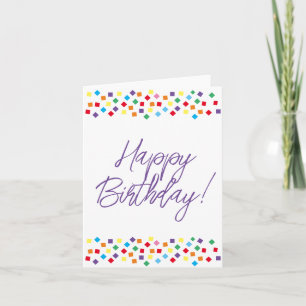 Tarjeta de cumpleaños feliz de Confetti púrpura (e