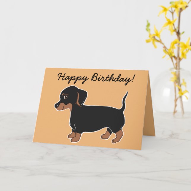 Tarjeta de cumpleaños feliz de Dachshund negro y m (flor amarilla)