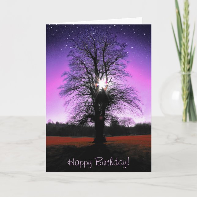 Tarjeta de cumpleaños feliz de fantasía con un árb (Anverso)