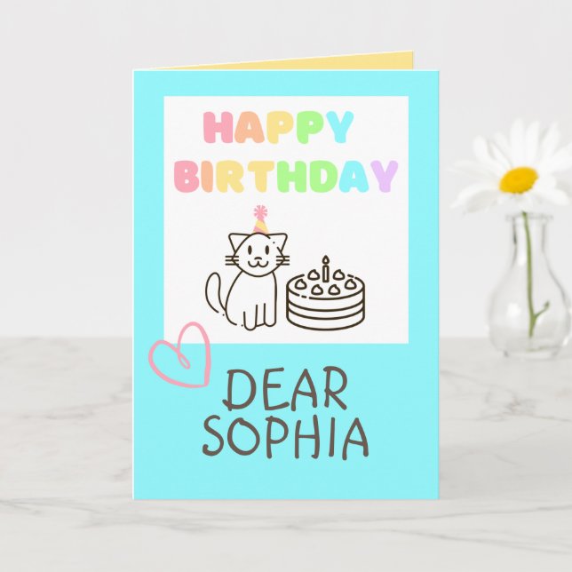 Tarjeta de cumpleaños feliz de gato arco iris (Planta pequeña)