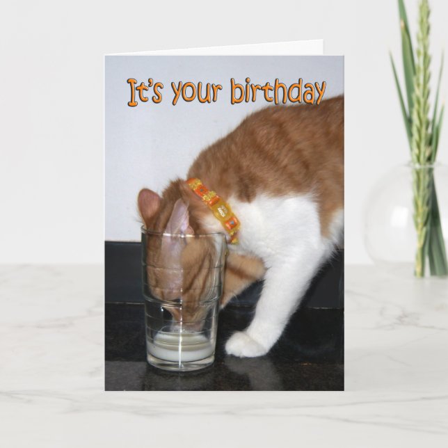 Tarjeta de cumpleaños feliz de gato bebiendo de un (Anverso)
