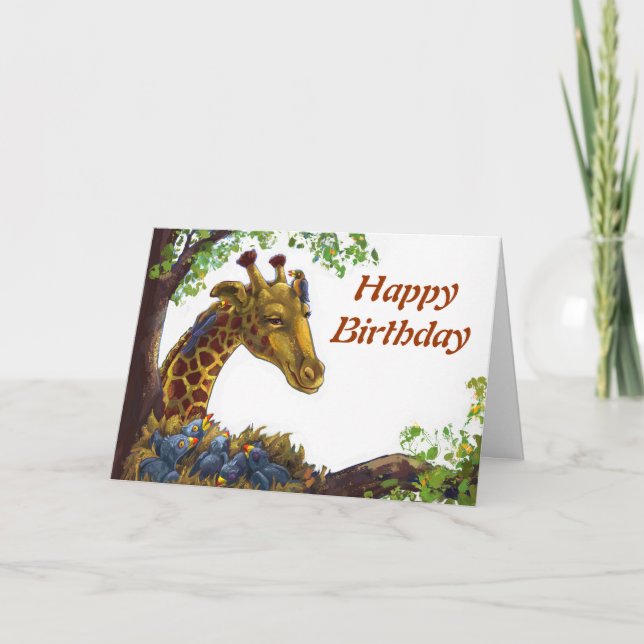 Tarjeta de cumpleaños feliz de Giraffe y Oxpecker (Anverso)