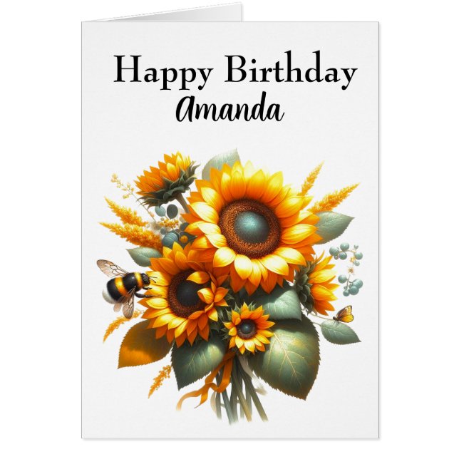 Tarjeta de cumpleaños feliz de girasoles y abejas (Frente)