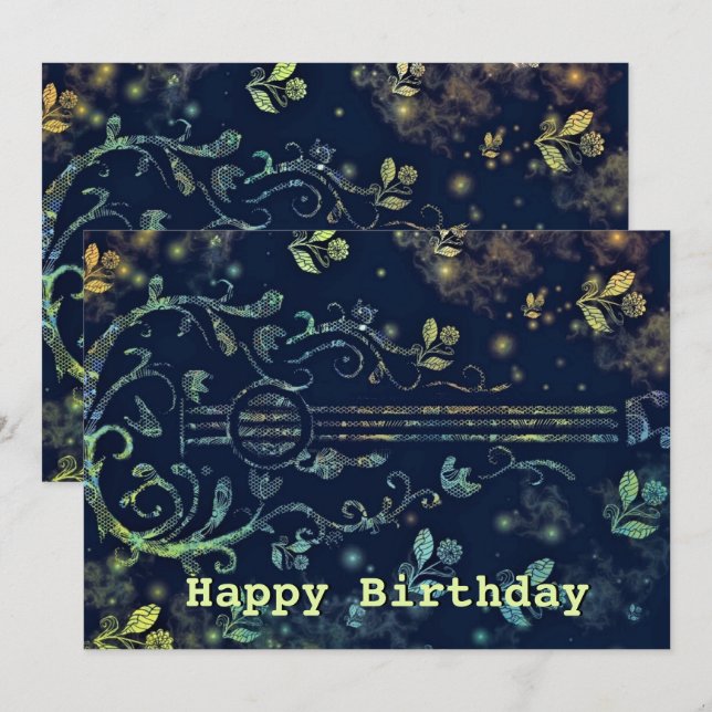 Tarjeta de cumpleaños feliz de guitarra floral (Anverso / Reverso)