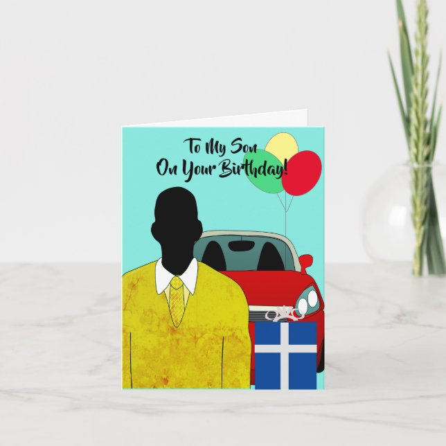Tarjeta de cumpleaños feliz de hijo afroamericano (Anverso)