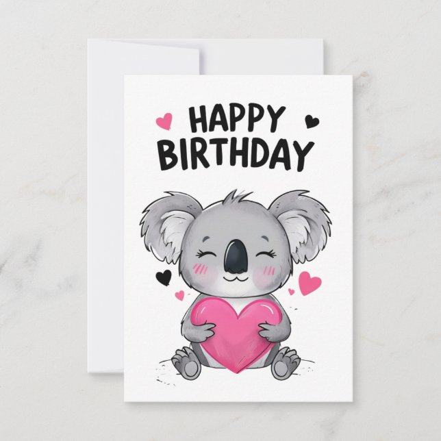 Tarjeta de cumpleaños feliz de Koala con corazón (Anverso)
