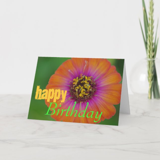 Tarjeta de cumpleaños "feliz" de la Naranja Zinnia (Anverso)