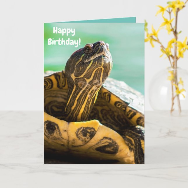 Tarjeta de cumpleaños feliz de la tortuga cuta (flor amarilla)