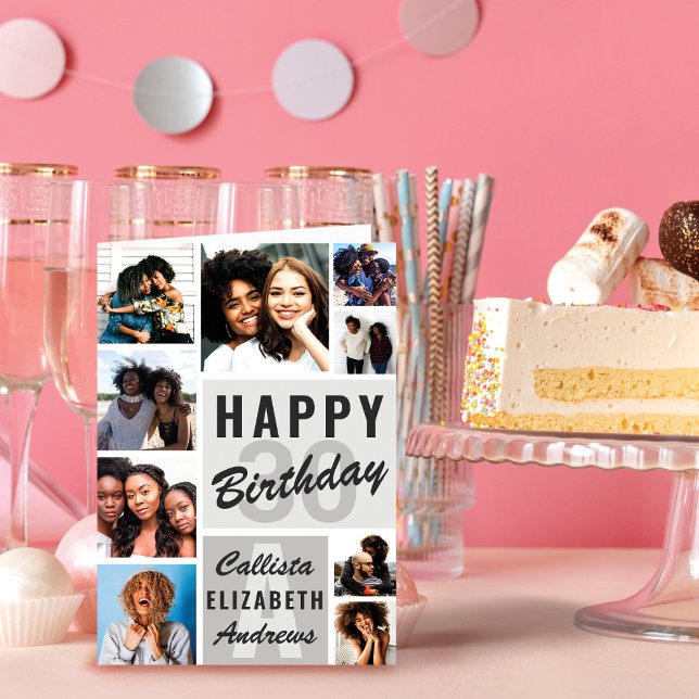 Tarjeta de cumpleaños feliz de los monogramas gris (Subido por el creador)