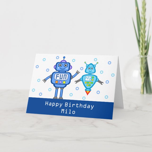 Tarjeta de cumpleaños feliz de los robots azules p (Anverso)