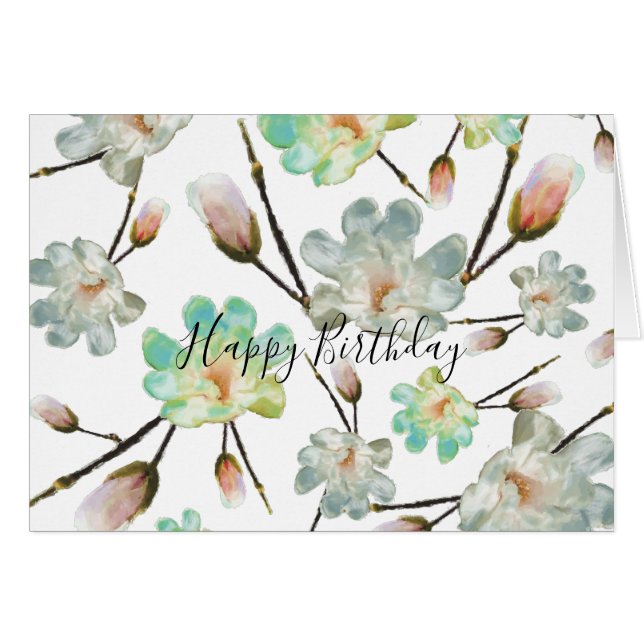 Tarjeta de cumpleaños feliz de patrón de magnolia (Anverso (Horizontal))