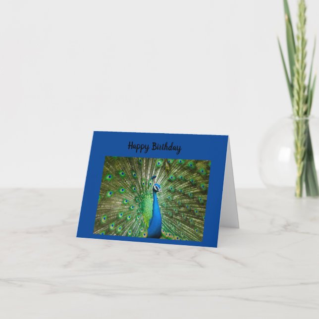 Tarjeta de cumpleaños feliz de pavo real azul y ve (Anverso)