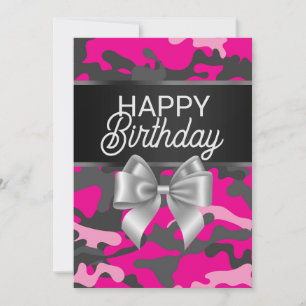 Tarjeta de cumpleaños feliz de Pink Camo & Bow