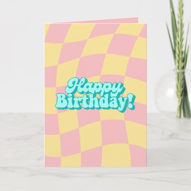 Tarjeta de cumpleaños feliz de retro Wavy Checkere (Anverso)
