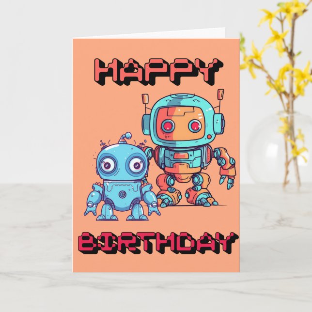 Tarjeta de cumpleaños feliz de robot lindo para ni (flor amarilla)