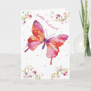 Tarjeta de cumpleaños feliz de rosa y mariposa