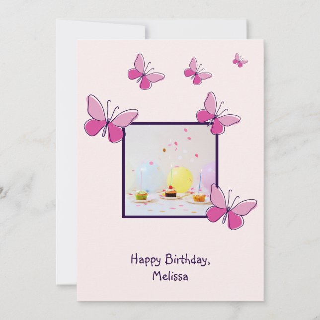 Tarjeta de cumpleaños feliz de Rubor rosa con foto (Anverso)