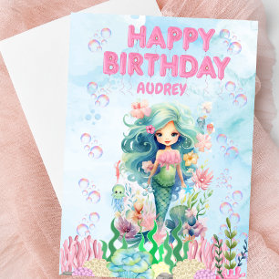 Tarjeta de cumpleaños feliz de sirena azul persona