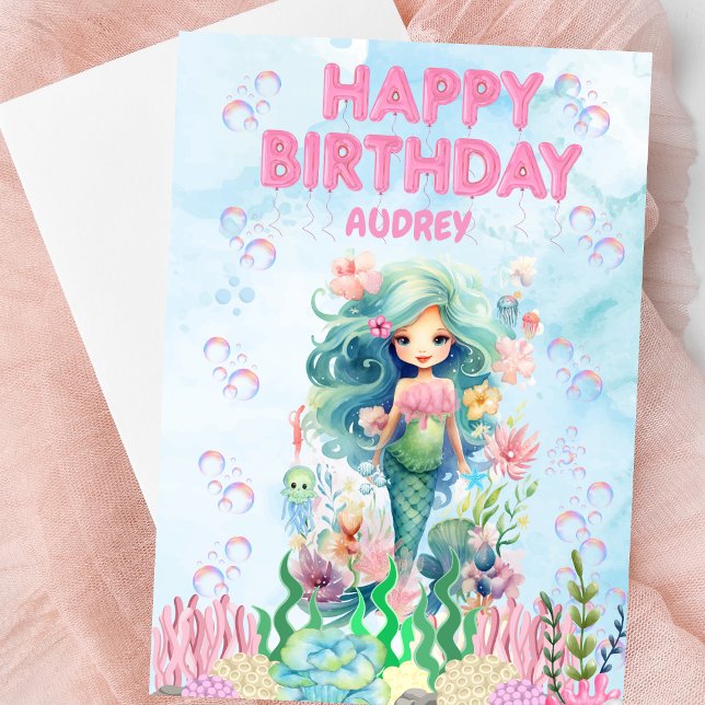 Tarjeta de cumpleaños feliz de sirena azul persona (Personalized Mermaid Happy Birthday Card)
