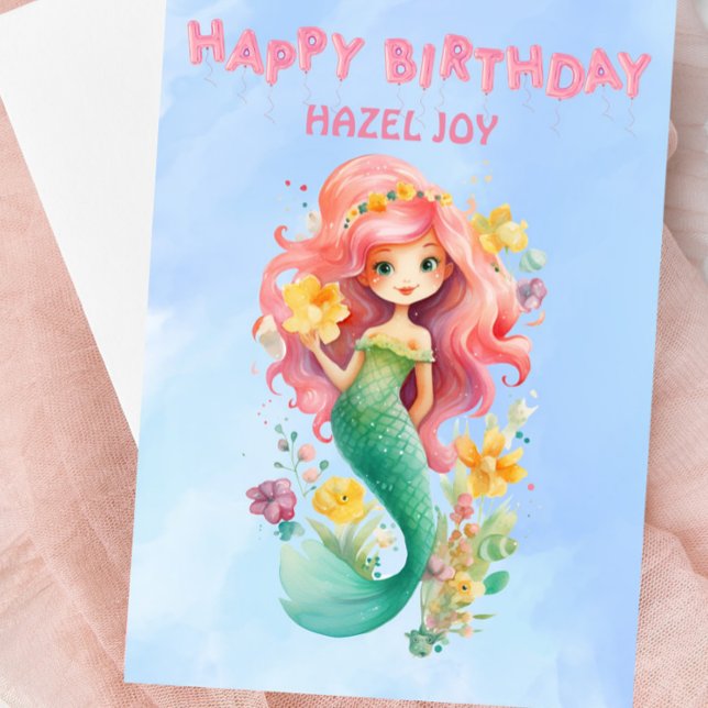 Tarjeta de cumpleaños feliz de Sirena personalizad (Personalized Mermaid Birthday Card - Soft Pastel Watercolors - For Mermaid Lovers)