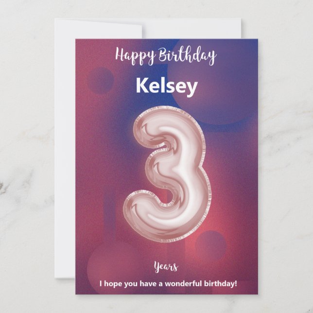 Tarjeta de cumpleaños feliz de tres años (Anverso)