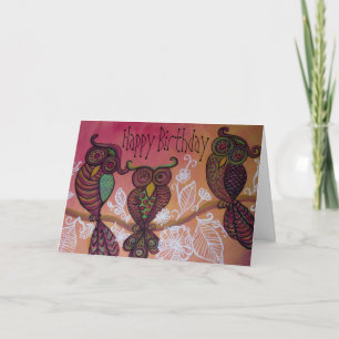 Tarjeta de cumpleaños feliz de tres búhos