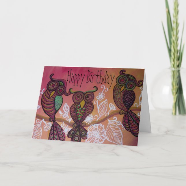 Tarjeta de cumpleaños feliz de tres búhos (Anverso)