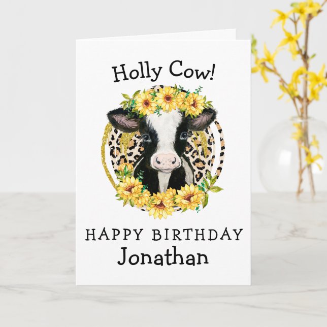 tarjeta de cumpleaños feliz de vaca (flor amarilla)