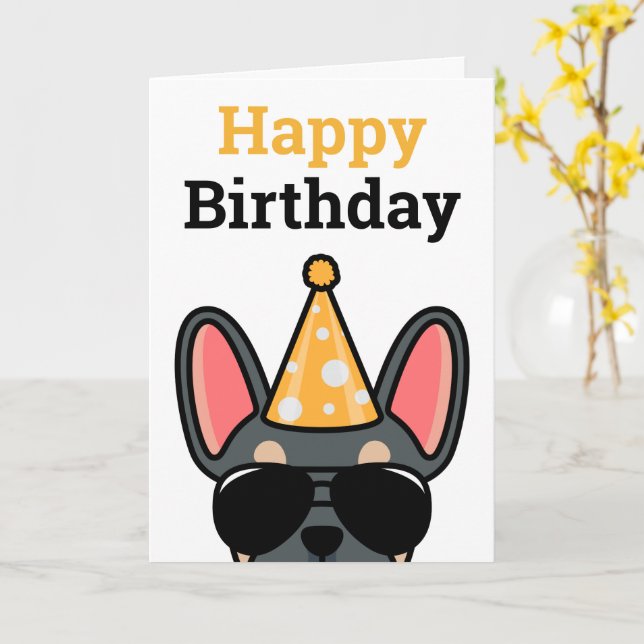 Tarjeta de cumpleaños feliz del Bulldog francés Bl (flor amarilla)