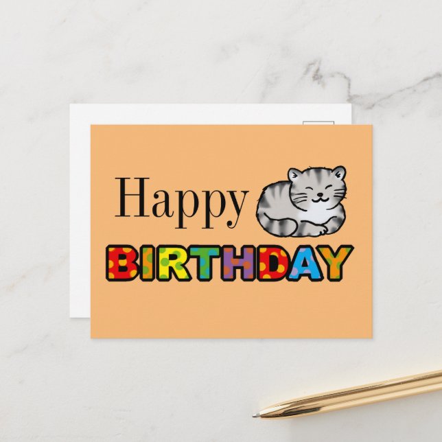 tarjeta de cumpleaños feliz del gato del tigre gri (Anverso/Reverso In Situ)