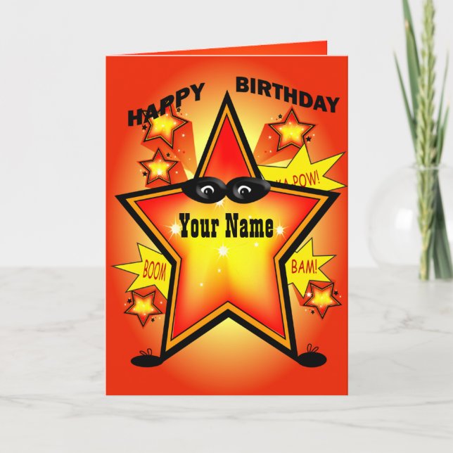 Tarjeta de cumpleaños feliz estrella de superhéroe (Anverso)