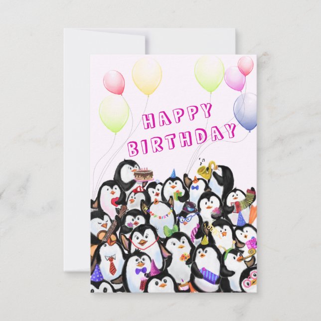 Tarjeta de cumpleaños feliz Fiesta de pingüino - P (Anverso)