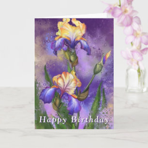 Tarjeta de cumpleaños feliz Flores de iris morado