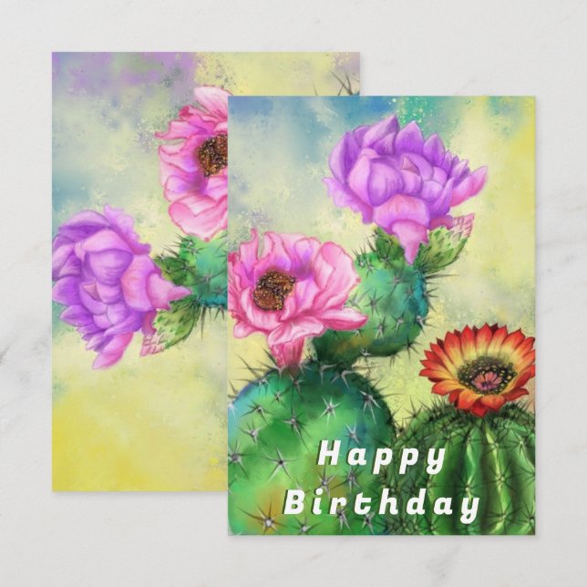Tarjeta de cumpleaños feliz Flores moradas de cact (Anverso / Reverso)