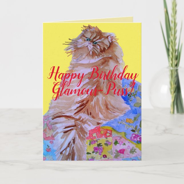 Tarjeta de cumpleaños feliz Fluffy Cat Quilt Glamo (Anverso)