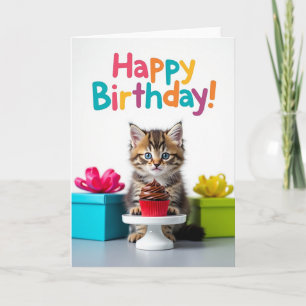 Tarjeta de Cumpleaños Feliz Gatito Cupcake