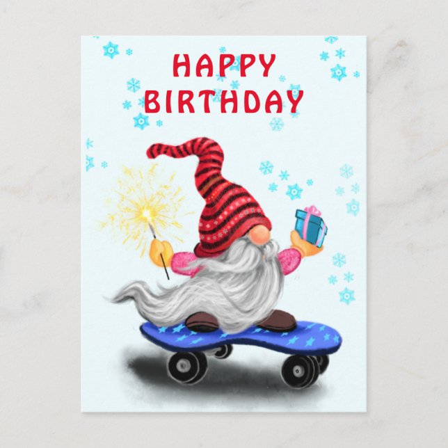 Tarjeta de cumpleaños Feliz gnomo patinador con re (Anverso)