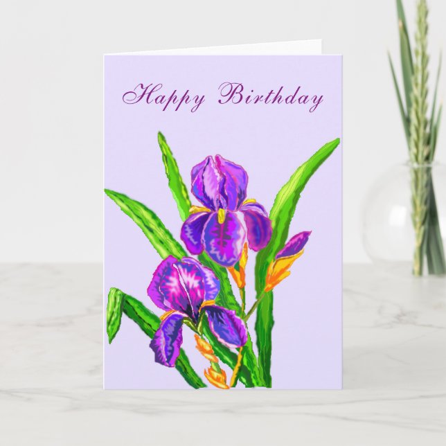 Tarjeta de Cumpleaños Feliz Hermosas Flores Iris (Anverso)