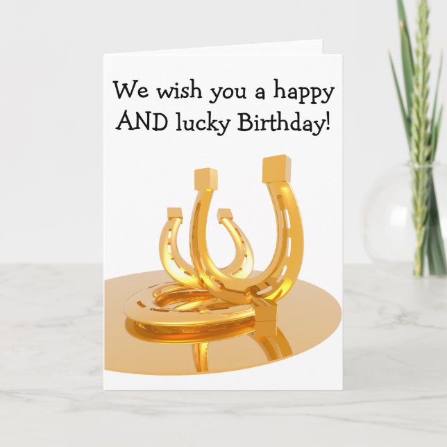 Tarjeta de cumpleaños feliz: herraduras doradas (Anverso)