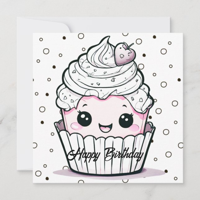 Tarjeta de cumpleaños feliz Kawaii Cupcake (Anverso)