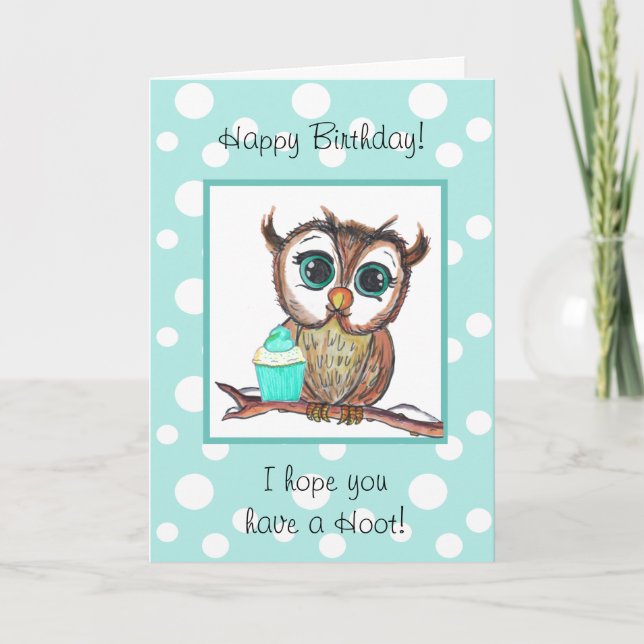 Tarjeta de cumpleaños feliz, lechuza acuarela y ta (Anverso)