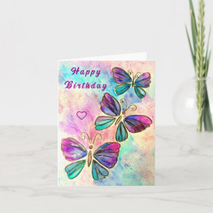 Tarjeta de cumpleaños feliz mariposas rosadas púrp