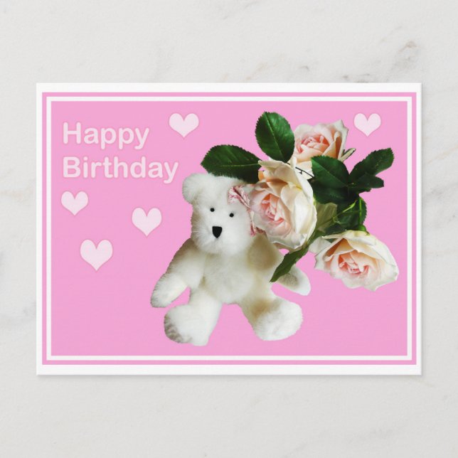 Tarjeta de cumpleaños feliz Oso de peluche y rosa  (Anverso)
