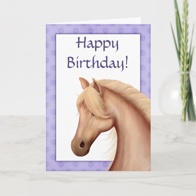 Tarjeta de cumpleaños feliz Palomino Horse Purple (Anverso)
