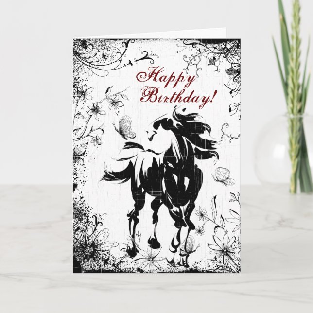 Tarjeta de cumpleaños feliz para caballos, flores  (Anverso)